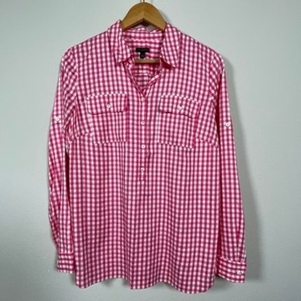 Talbots Gingham Popover Top Women‎ S Pink Preppy Coastal Roll-Tab Sleeve Classic